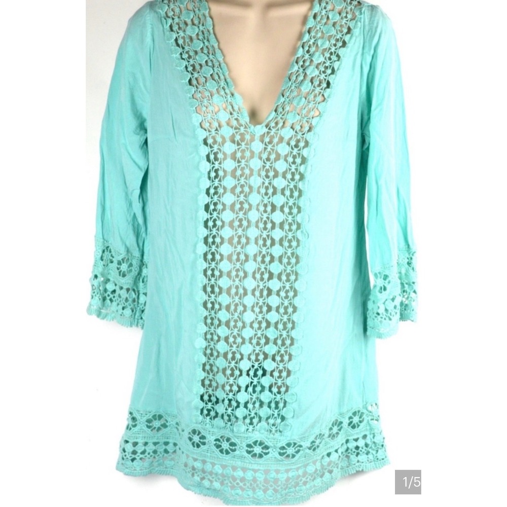 Solitaire Swim‎ Aqua Turquoise Crochet V-Neck Beach Cover Up Dress Womens S